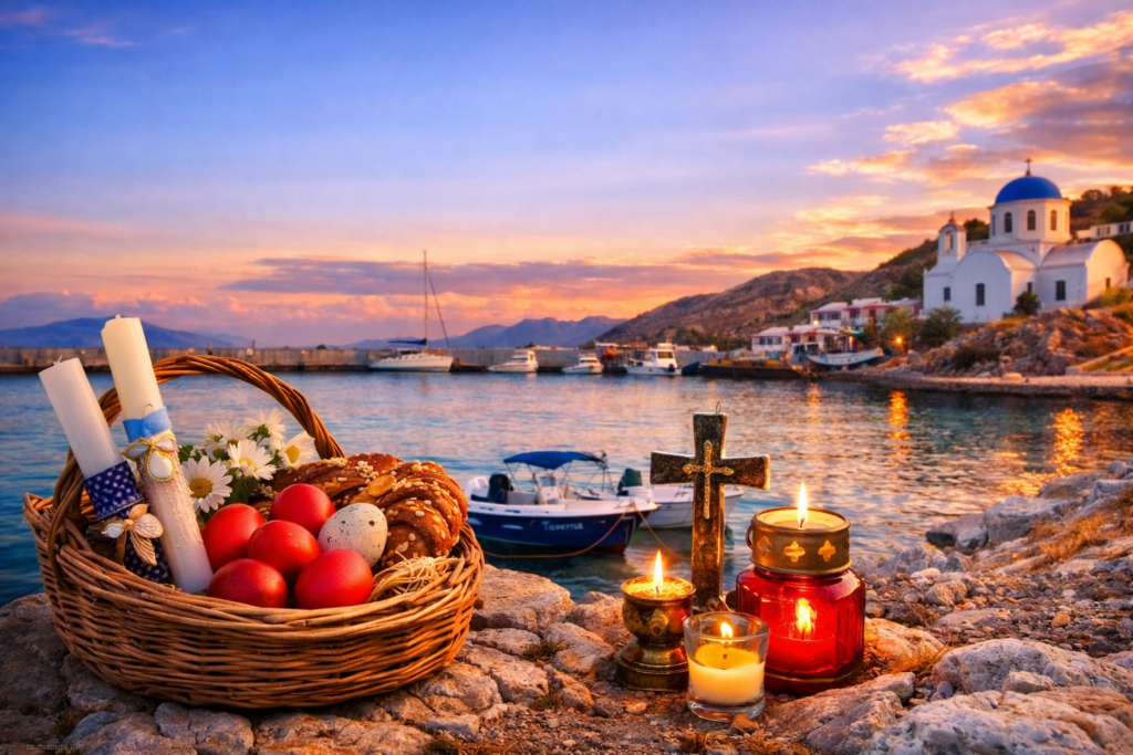 Ostern auf Kreta in Agia Galini bei Sonnenuntergang mit rotem Osterei, Kerzen und Hafenblick am Meer