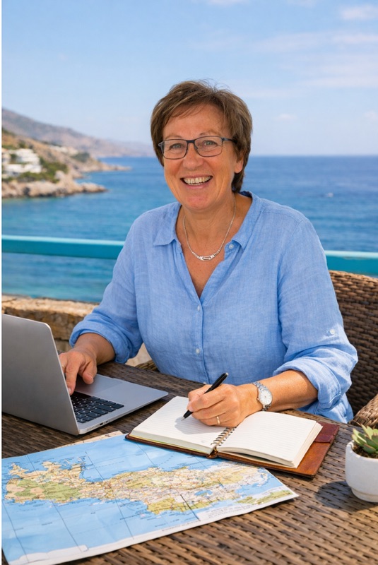 Franzi plant den Kreta-Urlaub am Laptop mit Blick aufs Meer