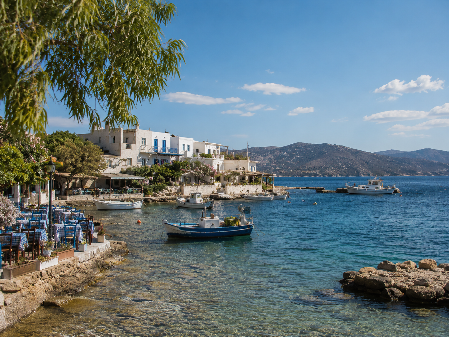 Mochlos Hafen auf Kreta mit Fischerbooten und Tavernen direkt am Wasser