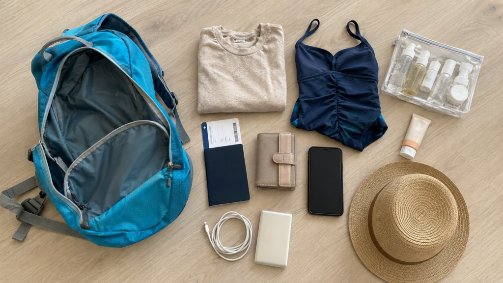 Handgepäck für den Kreta Urlaub mit Dokumenten, Sonnencreme und Kleidung für den ersten Tag