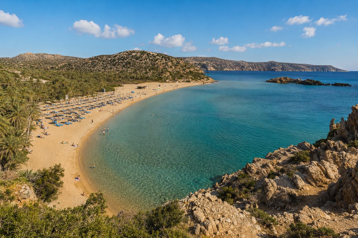 Palmenstrand Vai auf Kreta von oben: Palmenwald, heller Sandstrand und türkisfarbenes Meer, KI-generierte Darstellung