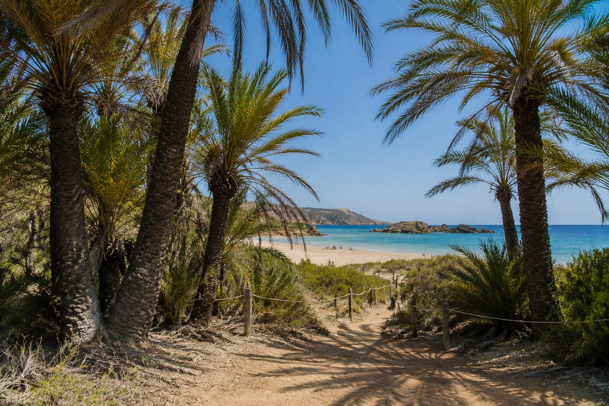 Dicht stehende kretische Dattelpalmen im geschützten Palmenwald hinter dem Vai Beach, KI-generierte Darstellung